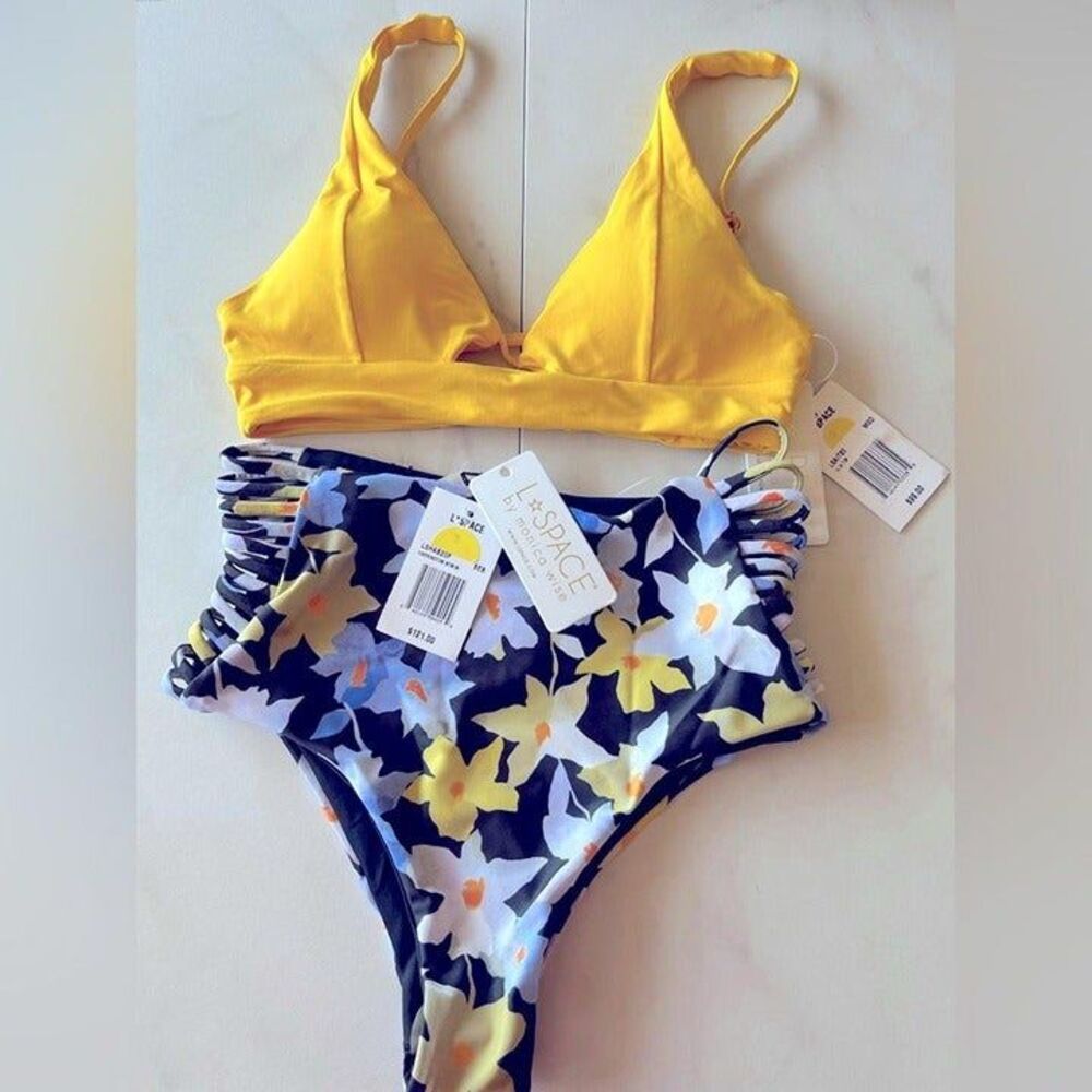Nwt l*space Harrington floral bottom Alia yellow keyhole top bikini set